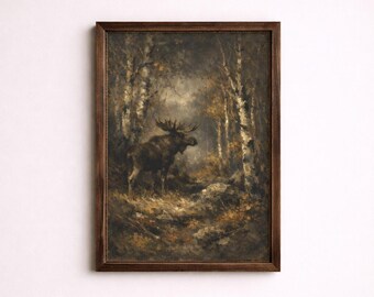 Lone Scandinavian Moose In Dramatic Birch Forest At Autumn Wall Art, Classical Oil Painting, Mysterious Mood