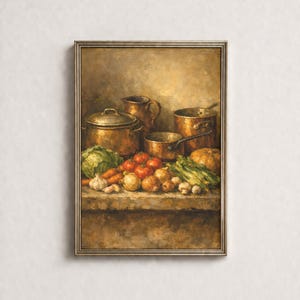 Vintage-Kupfertöpfe mit Gemüse auf einem steinernen Küchenregal, Wandbild im französischen Landhausstil, goldene Nostalgie
