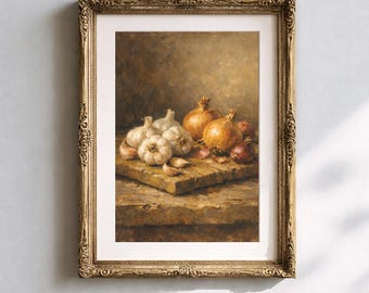 Planche à découper rustique en bois avec ail et oignons frais, nature morte inspirée des maîtres anciens, décoration murale à imprimer
