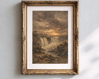 Reproduction d'une peinture à l'huile des chutes Victoria, du XIXe siècle, représentant un paysage romantique britannique.
