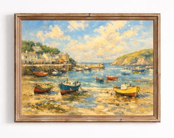 Bright Cornish Harbour With Colourful Boats at Low Tide, Impressionist Oil Painting Printable