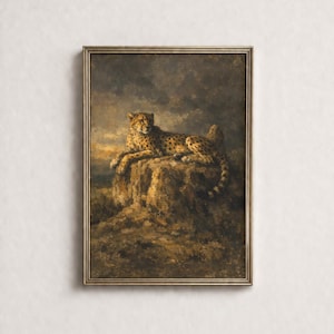 Cheetah Resting On Ancient Termite Mound At Golden Hour Wall Art, Old Masters Oil Painting, Mysterious Printable
