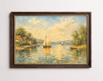 Paysage lacustre chaleureux avec voiliers, doux reflets, tableau mural, peinture à l'huile des maîtres anciens, à imprimer