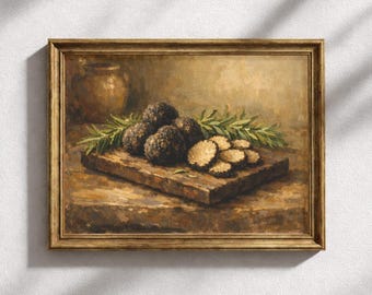 Truffe fraîche sur planche de bois sombre avec romarin sous une douce lumière, nature morte baroque flamande