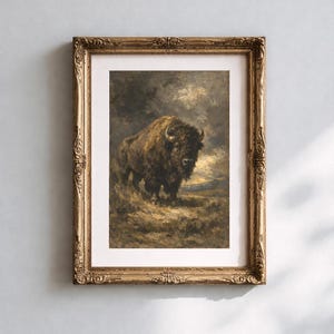Maestoso bisonte in una drammatica prateria tempestosa, quadro da parete, dipinto ad olio antico, stampa artistica