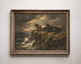Herd Of Wild Horses On Dramatic Cliff Edge Above Ocean Wall Art, Romantic Era Oil Painting, Mysterious Printable