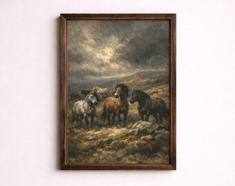 Troupeau de poneys sauvages sur les landes balayées par les vents du Dartmoor, tableau mural, peinture à l'huile classique