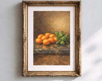 Kumquats mûrs sur marbre sombre avec feuilles de menthe fraîche, peinture à l'huile du XIXe siècle.
