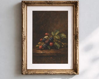 Étude botanique vintage d'une branche de mûrier avec des fruits mûrs, tableau mural, peinture à l'huile classique
