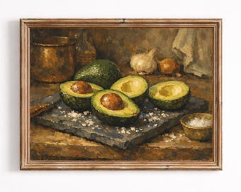Ripe Avocados Halved On Dark Slate With Sea Salt Flakes Wall Art, Classical Still Life Print, Rich And Abundant Printable