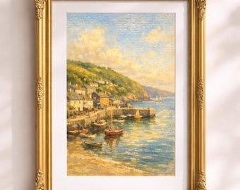 Warm Welsh Coastal Village With Harbour, Serene Old Masters Oil Painting Wall Art