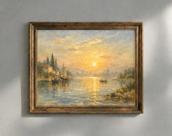 Lac paisible au lever du soleil doré avec une douce brume matinale - Tableau mural, peinture côtière vintage, affiche à imprimer