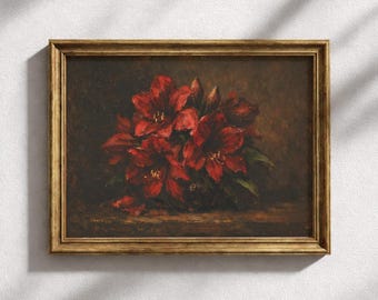 Tableau mural spectaculaire représentant des amaryllis en fleurs d'un rouge profond, peinture à l'huile du XIXe siècle, art mural imprimable romantique et luxuriant