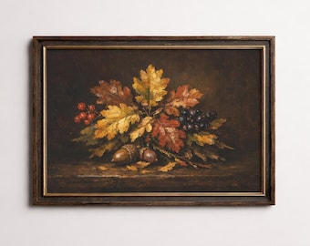 Composition spectaculaire de feuilles d'automne, de glands de chêne et de baies, tableau mural, peinture à l'huile ancienne, œuvre d'art riche et opulente à imprimer