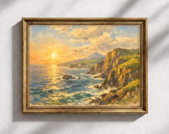 Affiche murale représentant la côte volcanique lumineuse des Açores et ses falaises spectaculaires au coucher du soleil.