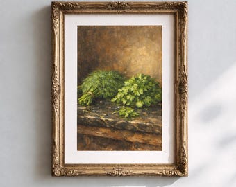 Tableau imprimable : Aneth et persil frais sur marbre foncé avec gouttelettes d’eau, style provençal français.
