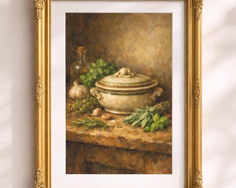 Art mural imprimable pour cuisine vintage : terrine en céramique française aux herbes sur une table en chêne rustique