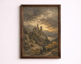 Reproduction d'une peinture à l'huile du XIXe siècle représentant le château de Neuschwanstein, un paysage romantique au coucher du soleil d'automne.