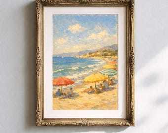 Sun-Drenched French Riviera Beach Wall Art, Plein Air Painting, Light and Airy Printable Wall