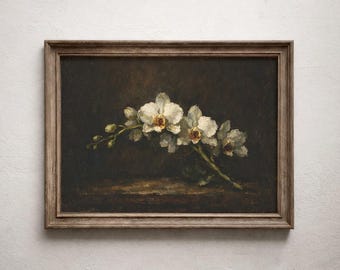 Élégante branche d'orchidée blanche aux multiples fleurs, tableau mural, peinture à l'huile vintage, œuvre d'art imprimable à l'ambiance dramatique et mystérieuse pour la maison
