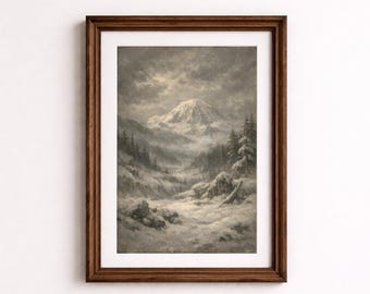 Mount Rainier Washington Wall Art, 19th Century Oil Painting, Deep Winter Snow, Misty Mood