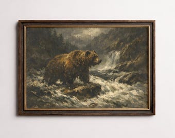 Peinture à l'huile classique représentant un ours brun solitaire sur une berge.