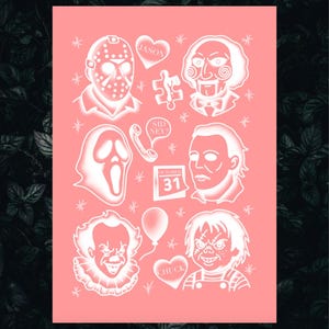 May include: A pink poster featuring white illustrations of horror movie characters, including Jason Voorhees, the Jigsaw killer, and Pennywise. Other images include a ghost face, a phone, a calendar with October 31, a balloon, and a heart with the name "Chuck".