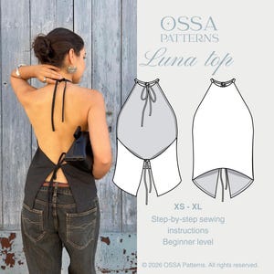 May include: A black halter top with an open back and tie closures at the neck and waist. The image includes a technical line drawing of the Luna top by OSSA Patterns, showing front and back views, with text indicating sizes XS-XL.
