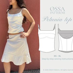 May include: A white camisole top with thin straps and a square neckline, shown alongside a technical line drawing labeled OSSA PATTERNS Petunia top, including front and back views, size range XS-XL, and step-by-step sewing instructions.