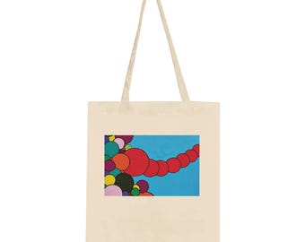 Draagtas abstracte kunst - kleurrijk cirkelontwerp, moderne geometrische print, artistiek cadeau voor haar, levendige herbruikbare tas - "reiken"