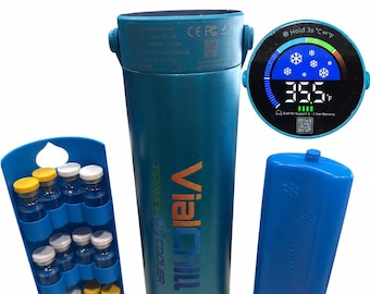 May include: A teal cylindrical VialChill travel cooler with orange text, a digital display showing 35.5 degrees Fahrenheit, a blue vial organizer tray holding twelve small glass vials with yellow and white caps, and a blue rectangular ice pack.