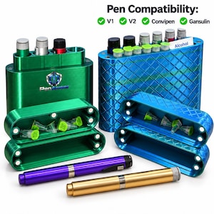 May include: A green metal case with the PenArmor logo and a blue diamond-patterned metal case, both featuring magnetic lids. Included are two pens in purple and gold, several small needle tips, and an alcohol wipe. Text reads Pen Compatibility: V1, V2, Convipen, Gansulin.