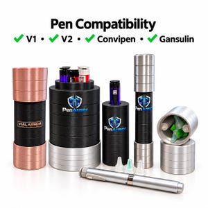 May include: A collection of PenArmor and Vial Armor protective cases in black, silver, and rose gold. The text Pen Compatibility V1, V2, Convipen, and Gansulin appears above. Several insulin pens and small green needle tips are visible.