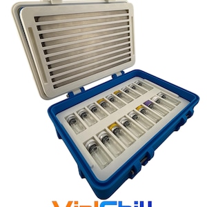 May include: A blue travel cooler with a white interior, holding multiple glass vials. The cooler's lid is open, revealing a white insulated compartment. The text "VialChill TRAVEL COOLER" is displayed in orange and blue.