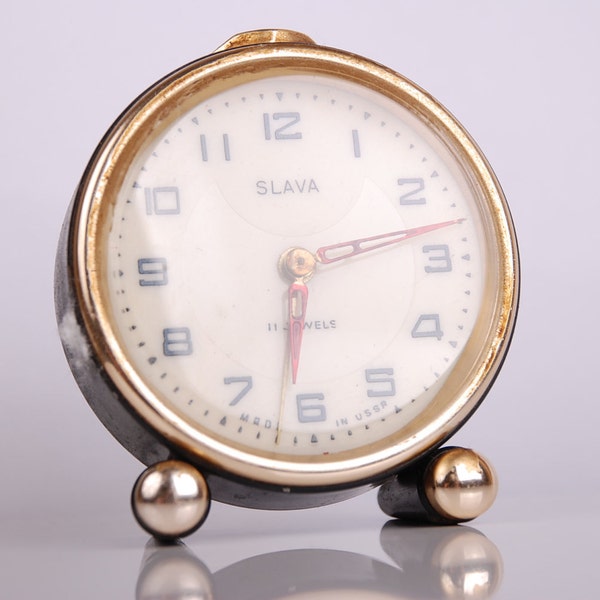 Made in USSR - SLAVA - Rare Vintage Soviet Russian Nice Alarm Art Deco Clock