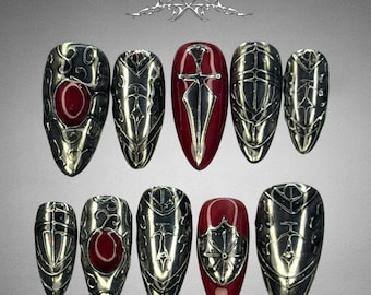 Medieval Knight Armor Press On Nails | Gothic Red & Silver Shield Nails | Dark Fantasy Sword Nail Art | Handmade Warrior Nail Set
