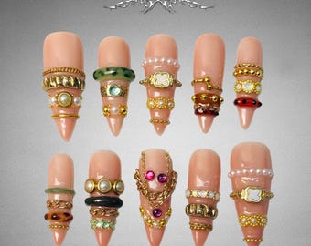Luxury 3D Gold Gemstone Press On Nails – Statement Jewelry Nail Art
