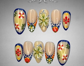 Hand Painted Floral Press On Nails | Vintage Folk Art, Cottagecore