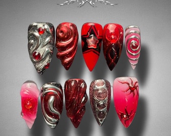 Y2K Chrome Stiletto Press On Nails | Red Pink Swirl & Star Nail Art