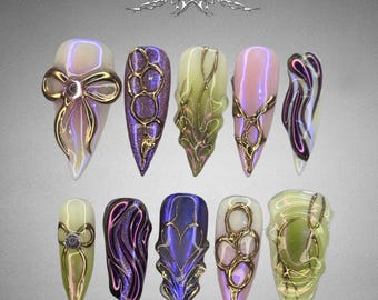 Unhas postiças estilete cromadas pastel | Linhas abstratas douradas em 3D