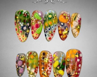 Colorful Abstract Medium Almond Press On Nails|Artistic Glass Nails|Multicolor Luxury 3D Nails|Playful Statement Press Ons|Handmade Nail Art