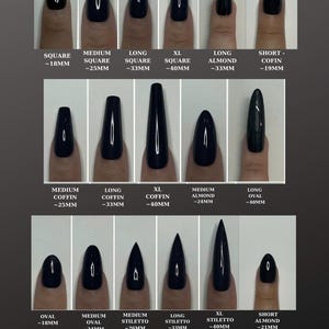 May include: Image showcasing various nail shapes, including square, almond, coffin, and stiletto, with lengths in millimeters. The nails are painted a dark color, and the image includes text labels for each shape and size.