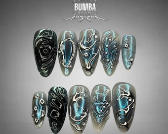 Biomechanical Chrome Press On Nails | Cyberpunk Blue Metallic Nails | 3D Liquid Metal Nail Art | Sci-Fi Futuristic Nail Set | Handmade Nails