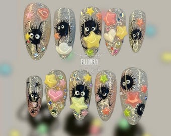 Star Sprite Dream Medium almond Press On Nails | Glitter Star Cute Nails | Ghibli Inspired Press On Nails | Kawaii 3D Charm Nails Handmade