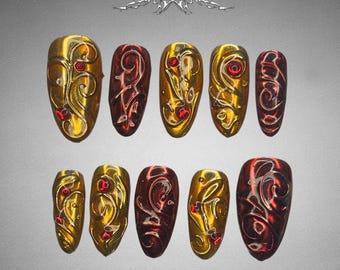 Gold & Red Swirl Press On Nails | Baroque Gem Nail Art