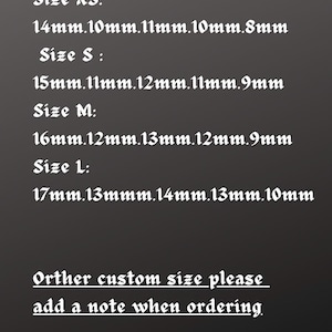 May include: Image displays nail size measurements in millimeters for various sizes: XS, S, M, and L. The text also includes instructions for custom sizes, asking to add a note when ordering. The background is a solid dark gray.