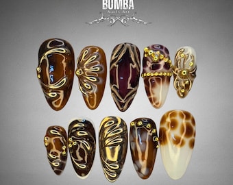 Chocolate Brown Medium Almond Press On Nails | Gold Abstract 3D Nails | Caramel Luxury Nails | Glossy Statement Press Ons |Handmade Nail Art