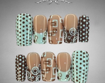 Retro Polka Dot Press On Nails | Mint Brown Square Handmade Nails