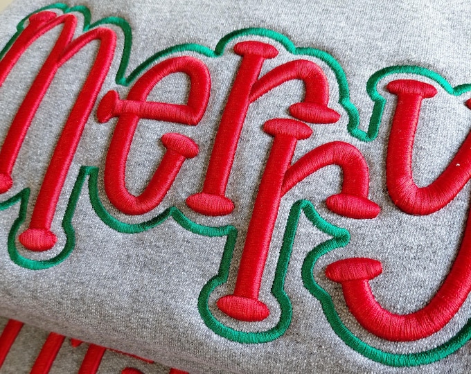 Featured listing image: MERRY Puff Embroidery Design – 3D Christmas Foam Machine Embroidery File for Sweatshirts & Hoodies