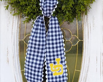 Personalized Navy Gingham Wreath Sash with Ric-Rac Trim | Door Decor Sash